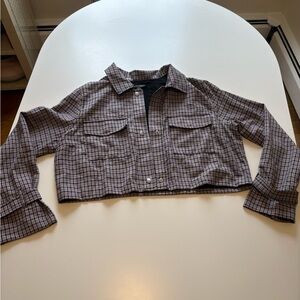 Cropped Plaid Button-Up Shirt Jacket - Purple & Black